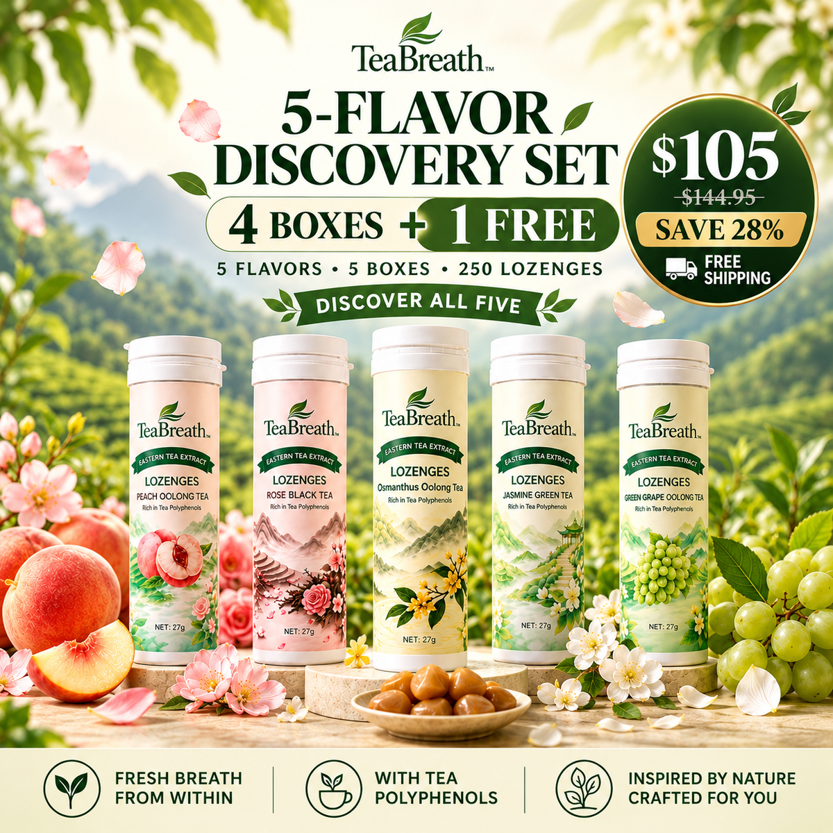 TeaBreath™ 5-Flavor Discovery Set — Buy 4, Get 1 FREE | 225 Lozenges